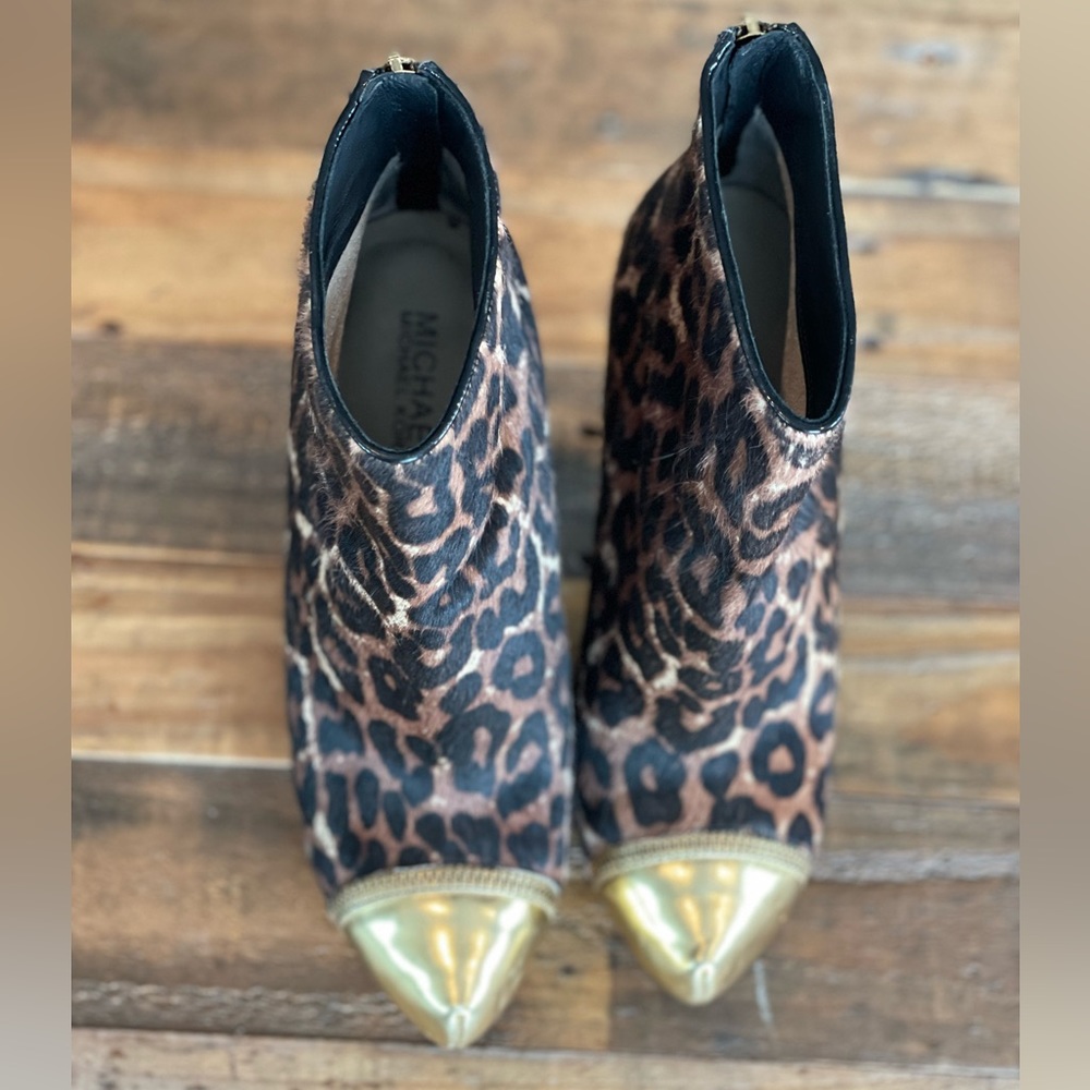 Michael Kora leopard print healed ankle boots.